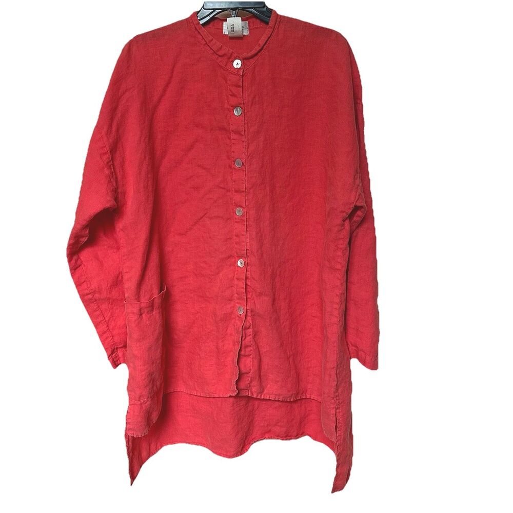 VTG Mosaic Linen Button Up Top Women’s Lg 3/4 Sleeve Coral Lagen Beachy USA